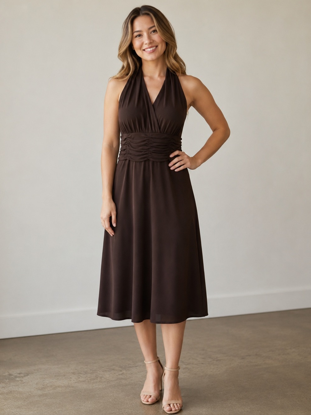 Jones Studio Brown Halter Ruched Waist Sleeveless Evening Dress | size 10
